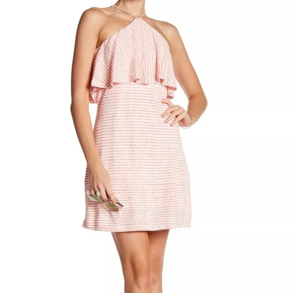 Splendid Striped Halter Pink Linen Blend Mini Popover Dress Sz M Sleeveless NWT - Picture 1 of 11
